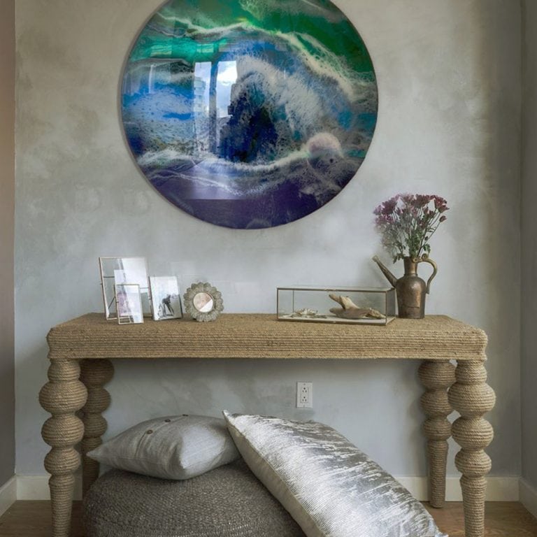 Atlantis resin and mixed media artwork painting on round canvas hanging on the decor mock up wall