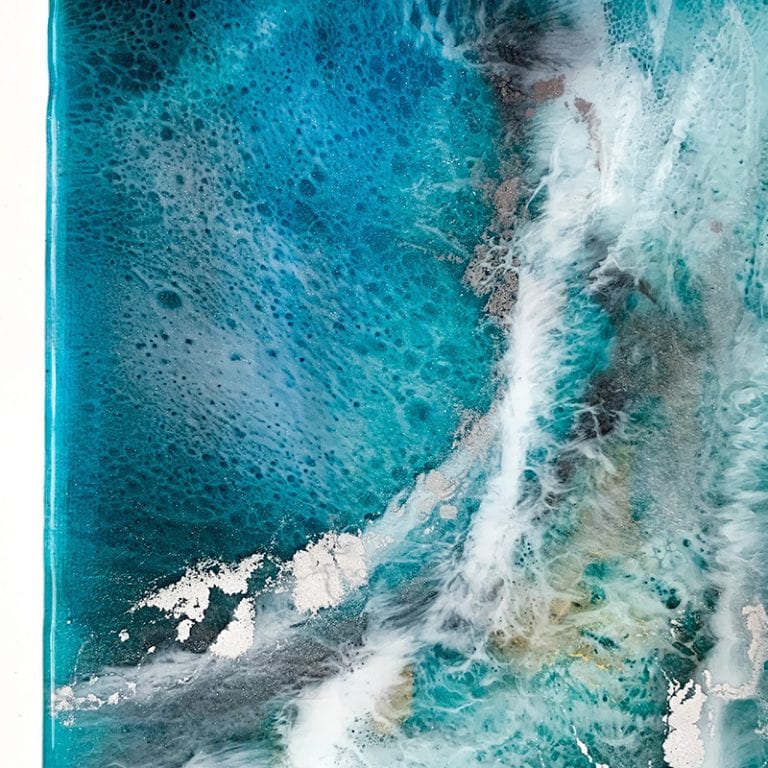 resin and mixed media artwork on canvas and shiny details