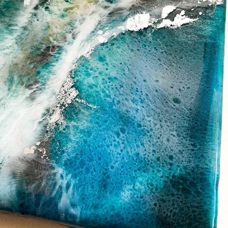 resin and mixed media artwork on canvas and shiny details