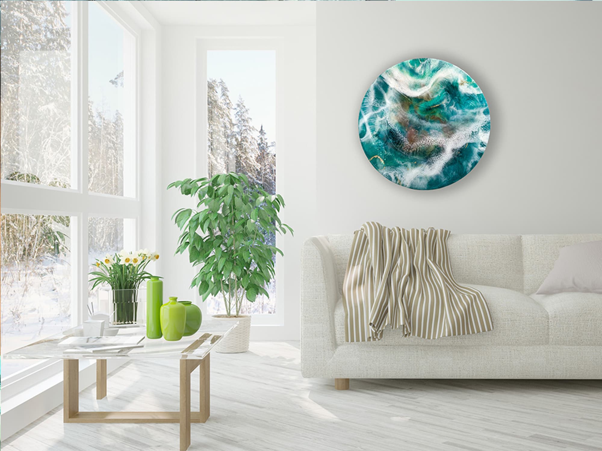 resin and mixed media artwork on round canvas close up interior design decor wall mock up