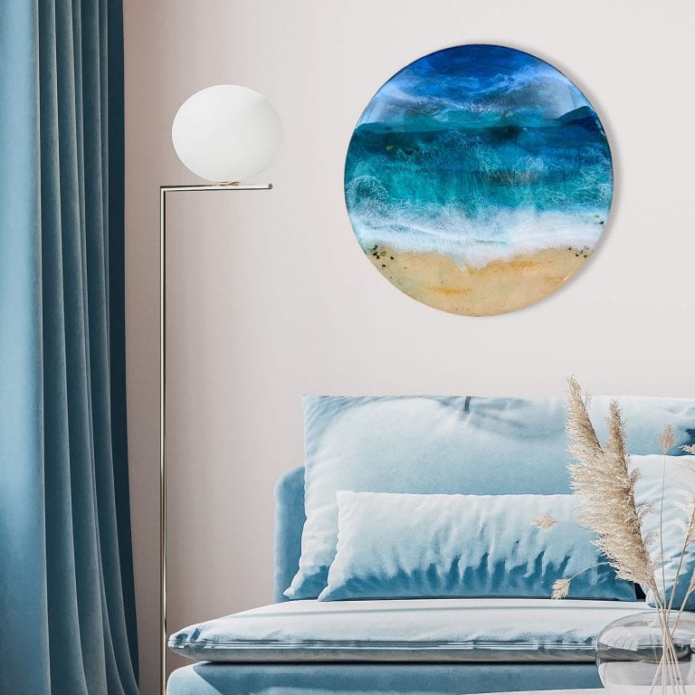 Racing The Rising Tide resin and mixed media artwork painting on round wood hanging on the decor interior wall mock up home