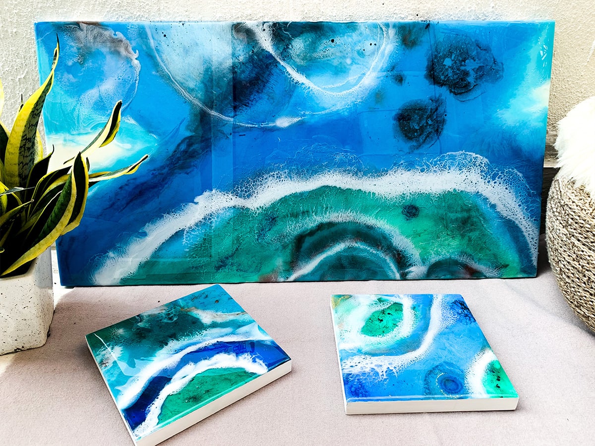 resin and mixed media artwork on wood ocean style and shiny details